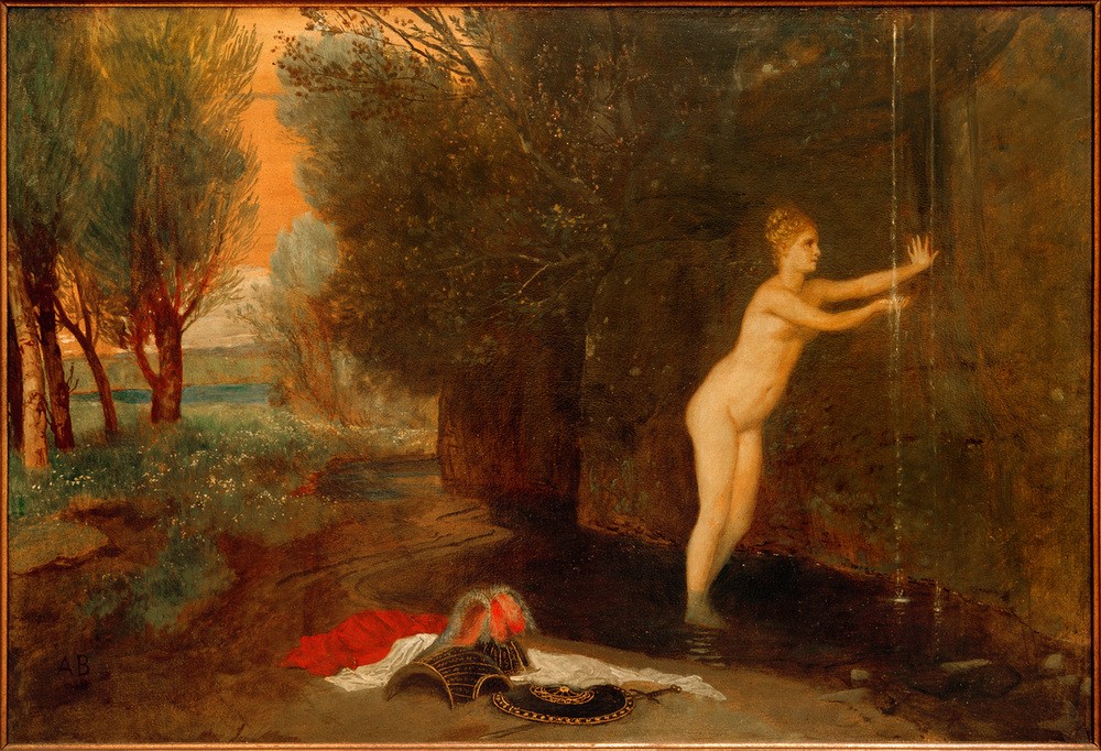 Arnold Böcklin, Am Quell (Bad Im Freien,Deutsche Kunst,Frau,Landschaft,Mythologie,Wasser,Wasserfall,Nymphe,Akt,Quelle,Schweizerische Kunst,Quellnymphe,Deutschrömer,Griechisch-Römische Mythologie)