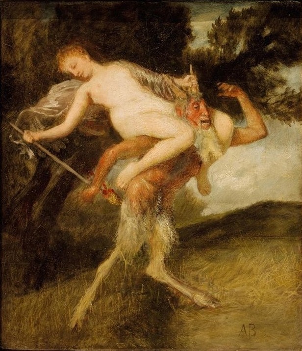 Arnold Böcklin, Nymphe auf den Schultern Pans (Deutsche Kunst,Frau,Mythologie,Nymphe,Akt,Faun,Schweizerische Kunst,Ausgelassenheit,Huckepack,Deutschrömer,Griechisch-Römische Mythologie)