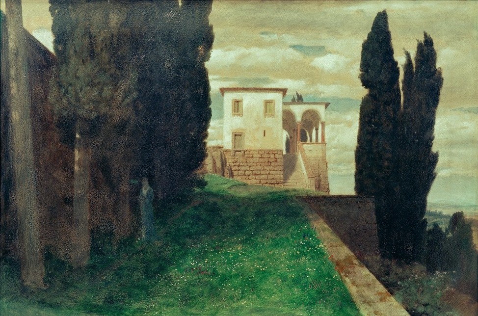 Arnold Böcklin, Italienische Villa im Frühling (Architektur,Deutsche Kunst,Garten Und Park,Jahreszeiten,Landhaus,Landschaft,Villa,Wohnhaus (Allgemein),Frühling,Architekturdarstellung,Schweizerische Kunst,Zypresse,Deutschrömer,Griechisch-Römische Mythologie)