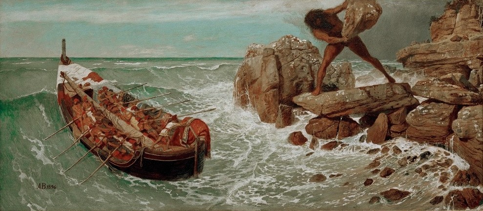 Arnold Böcklin, Odysseus und Polyphem (Deutsche Kunst,Küste,Mythologie,Flucht,Schweizerische Kunst,Steinwurf,Deutschrömer,Griechisch-Römische Mythologie,Schifffahrt)