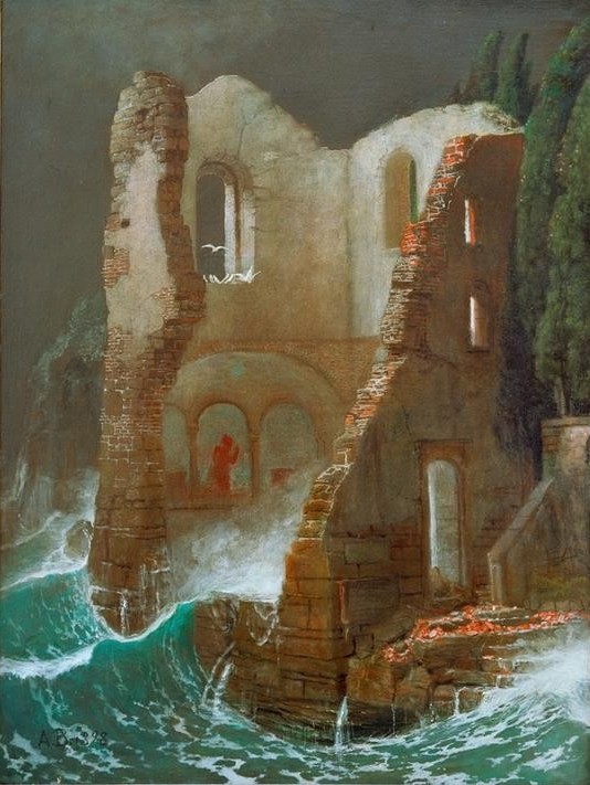 Arnold Böcklin, Die Kapelle (Architektur,Deutsche Kunst,Küste,Landschaft,Ruine,Meer,Symbolismus,Vanitas,Architekturdarstellung,Brandung,Schweizerische Kunst,Verfall,Deutschrömer,Kapelle (Kirche))