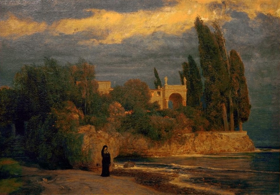 Arnold Böcklin, Villa am Meer (Deutsche Kunst,Küste,Landschaft,Strand,Villa,Meer,Einsamkeit,Schweizerische Kunst,Zypresse,Schwermut,Deutschrömer)