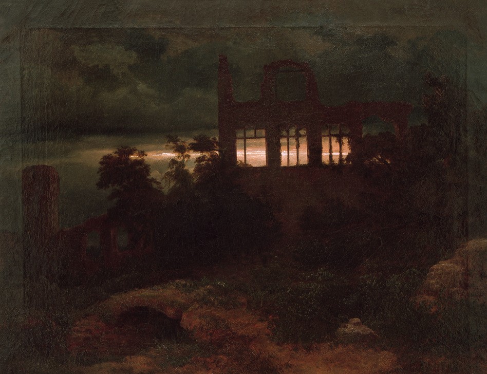 Arnold Böcklin, Burgruine (Architektur,Burg (Bauwerk),Burgruine,Deutsche Kunst,Landschaft,Ruine,Tageszeiten,Abend,Architekturdarstellung,Licht,Schweizerische Kunst,Ruinenlandschaft,Romantik,Deutschrömer,Dunkelheit)