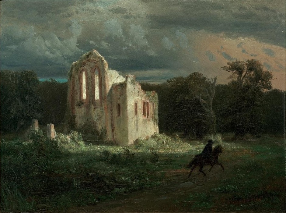 Arnold Böcklin, Mondscheinlandschaft mit Ruine (Deutsche Kunst,Kirche,Landschaft,Ruine,Nacht,Reiter,Schweizerische Kunst,Ruinenlandschaft,Mondschein,Deutschrömer,Halloween)