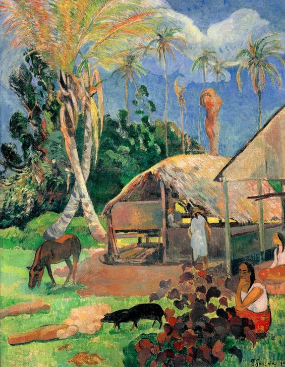 Paul Gauguin, Die schwarzen Schweine (Kunst,Schwein,Völkerkunde,Hütte,Strohdach,Französische Kunst,Exotik,Tier,Land Und Leute,Landwirtschaft,Viehzucht)