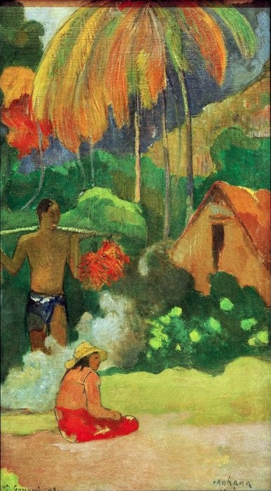 Paul Gauguin, Mahana maa II (Frau,Landschaft,Mann,Palme,Völkerkunde,Naturvölker,Baum,Französische Kunst,Exotik,Land Und Leute)