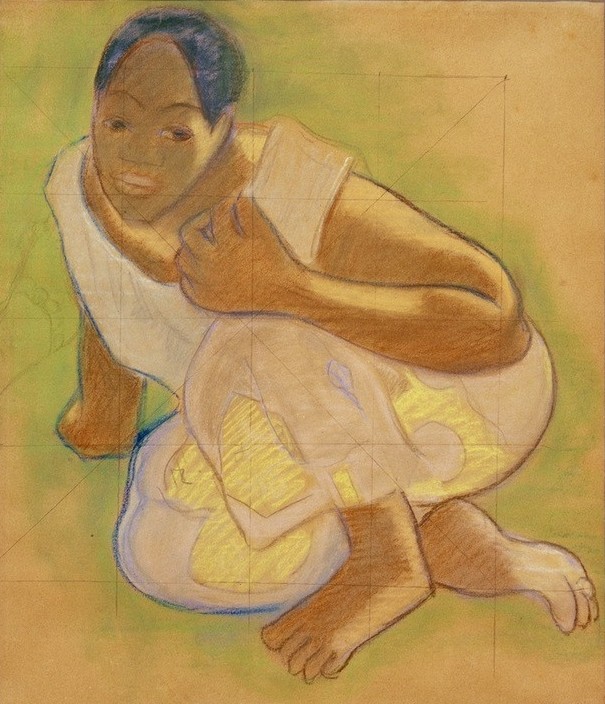 Paul Gauguin, Kauernde Tahitierin (Frau,Völkerkunde,Naturvölker,Portrait,Studie,Französische Kunst,Exotik,Kauern,Land Und Leute)