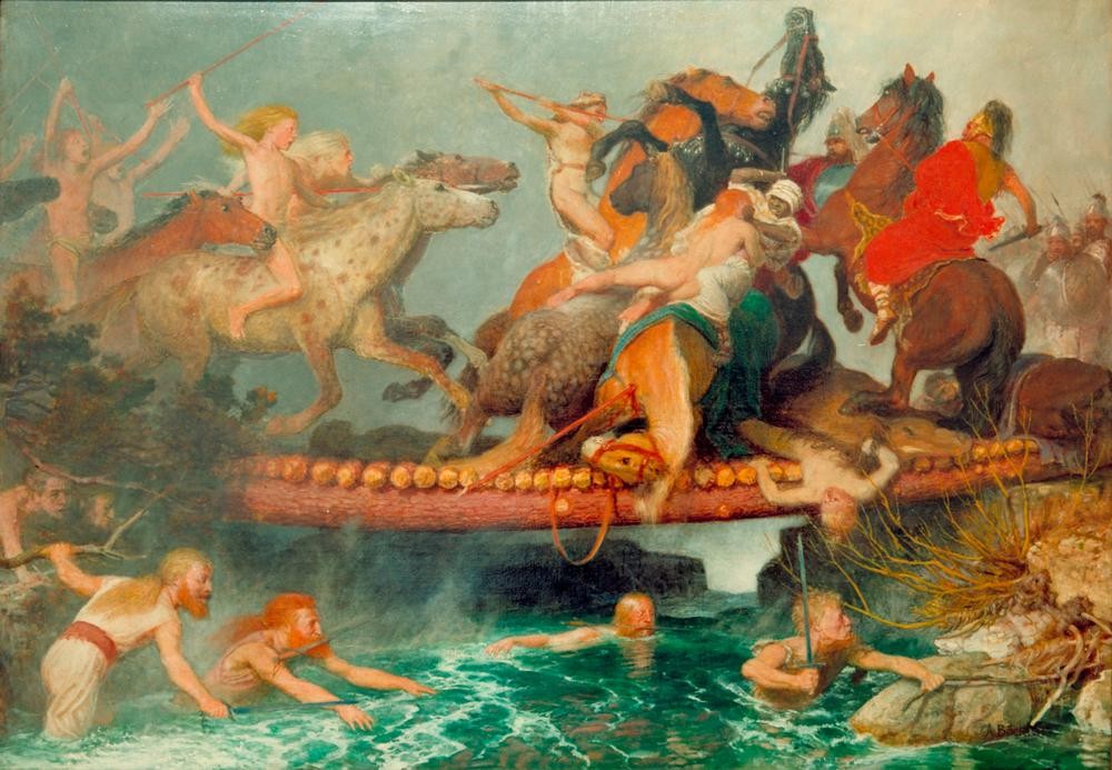Arnold Böcklin, Der Kampf auf der Brücke (Brücke,Deutsche Kunst,Germanen,Geschichte,Krieg,Völkerwanderung,Schweizerische Kunst,Kampf,Reiterschlacht,Deutschrömer,Reiterkampf (Kampf))