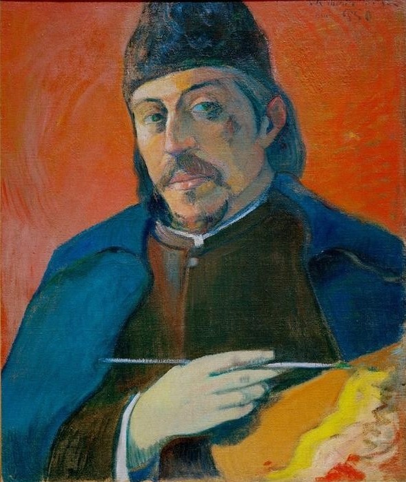 Paul Gauguin, Selbstporträt mit Palette (Kopfbedeckung,Künstler,Kunst,Maler (Künstler),Mann,Bart,Selbstbildnis,Künstler Bei Der Arbeit,Portrait,Palette,Französische Kunst,Pinsel,Kappe (Kopfbedeckung),Synthetismus,Person)