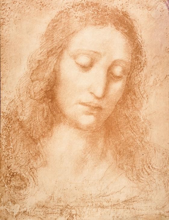 Leonardo da Vinci, Der Kopf Christi (Christentum,Kunst,Mann,Religion,Schönheit,Renaissance,Neues Testament,Bibel,Portrait,Studie,Italienische Kunst,Kopfstudie,Kopf,Sfumato,Gesenkter Blick,Hochrenaissance)