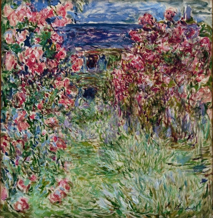 Claude Monet, La maison dans les roses (Botanik,Garten Und Park,Haus,Kunst,Landschaft,Rose,Impressionismus,Hausgarten,Französische Kunst,Ziergarten,Rosengarten,Rosenstrauch,Garten)