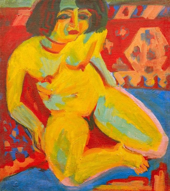 Ernst Ludwig Kirchner, Frauenakt (Dodo) (Deutsche Kunst,Frau,Kunst,Akt,Portrait,Expressionismus,Die Brücke,Sitzen,Ganzfigurig,Farbigkeit)