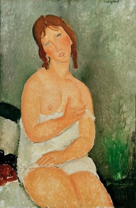 Amedeo Modigliani, Jeune femme assise (Erotik,Frau,Kunst,Akt,Busen,Portrait,Italienische Kunst,Halbakt,Hemd,Rote Haare,Kleidung (Allgemein),Sitzen,Junge Frau,Kniestück,Braune Haare,Signatur)