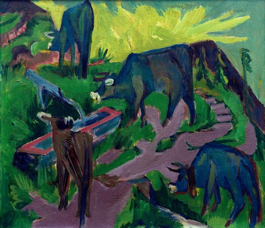 Ernst Ludwig Kirchner, Kühe bei Sonnenuntergang (Deutsche Kunst,Kunst,Landschaft,Rinderzucht,Rind,Sonnenuntergang,Brunnen,Tageszeiten,Abend,Expressionismus,Tränke,Die Brücke,Tier,Röhrenbrunnen,Landwirtschaft,Viehzucht,Weide (Wiese))