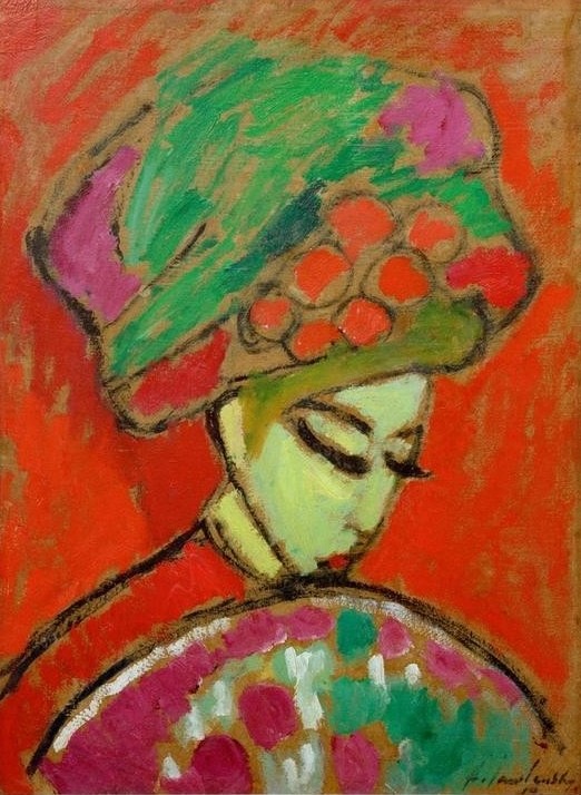 Alexej von Jawlensky, Mädchen mit Blumenhut (Damenhut,Damenmode,Fächer,Frau,Kopfbedeckung,Kunst,Mensch,Mode,Hut,Portrait,Expressionismus,Der Blaue Reiter,Russische Kunst,Junge Frau,Rot,Brustbild,Signatur,Farbe)