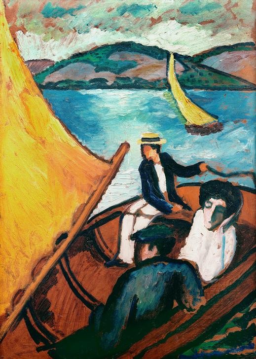 August Macke, Segelboot, Tegernsee (Boot,Deutsche Kunst,Frau,Kunst,Landschaft,Mann,Mensch,Freizeit,Segeln,Sport,Segelboot,See,Expressionismus,Der Blaue Reiter,Wassersport,Schifffahrt)