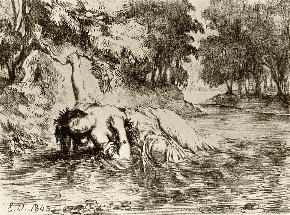 Eugene Delacroix, Mort d’Ophelie (Literatur,Selbstmord,Tod,Französische Kunst,Schauspiel,Romantik,Person,Ertrinken)