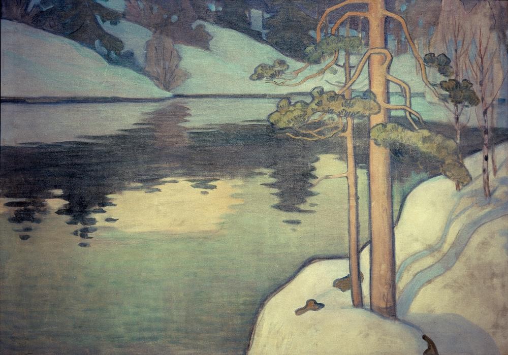 Vaeinoe Blomstedt, See mit verschneitem Ufer (Jahreszeiten,Jugendstil,Landschaft,Winter,Schnee,See,Finnische Kunst)