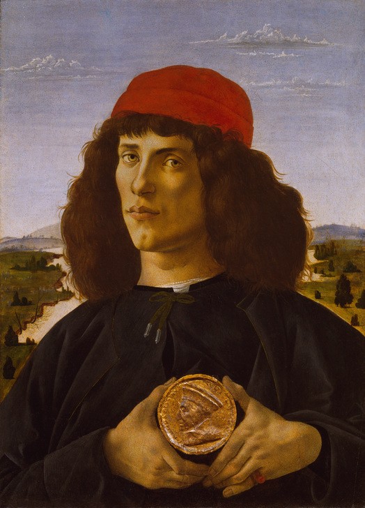 Sandro Botticelli, Bildnis eines Unbekannten mit der Medaille von Cosimo dem A (Kunst,Mann,Mensch,Renaissance,Bild Im Bild,Hand,Portrait,Italienische Kunst,Medaille,Langes Haar,Brustbild,Skulptur Im Bild,Frührenaissance,Junger Mann)