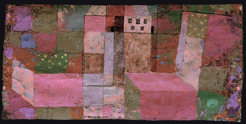 Paul Klee, Gartenhaus (Architektur,Bauhaus,Geometrie, Haus,Kubismus,Architektur - darstellung, Schweizerische Kunst,Gartenhaus,Abstraktion, Garten, Klassische Moderne, Wunschgröße, Wohnzimmer, Treppenhaus)