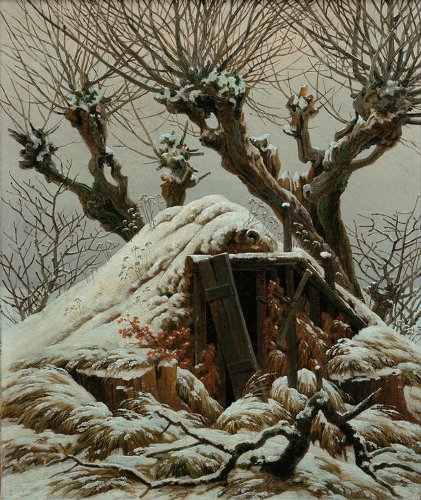 Caspar David Friedrich, Verschneite Hütte (Deutsche Kunst,Jahreszeiten,Landschaft,Weide,Winter,Hütte,Schnee,Romantik)