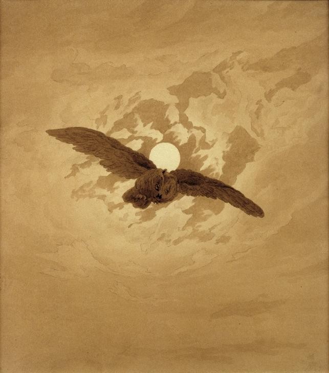 Caspar David Friedrich, Eule vor dem Mond (Deutsche Kunst,Eule,Kunst,Mond,Vogel,Zoologie,Tageszeiten,Nacht,Memento Mori,Fliegen,Tier,Vollmond,Romantik,Ornithologie)