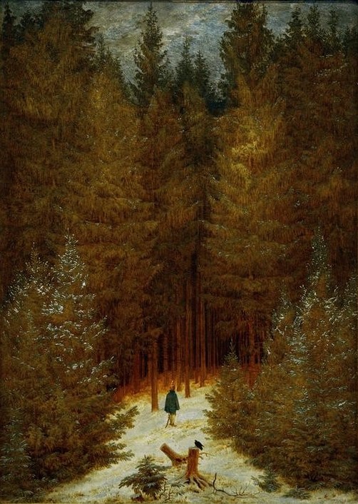 Caspar David Friedrich, Der Chasseur im Walde (Ein beschneiter Tannenwald, Tannenwa (Deutsche Kunst,Geschichte,Jäger,Landschaft,Militär,Tanne,Winter,Befreiungskriege,Wald,Nadelwald,Rabe,Schnee,Einsamkeit,Chasseur,Verirren,Romantik)