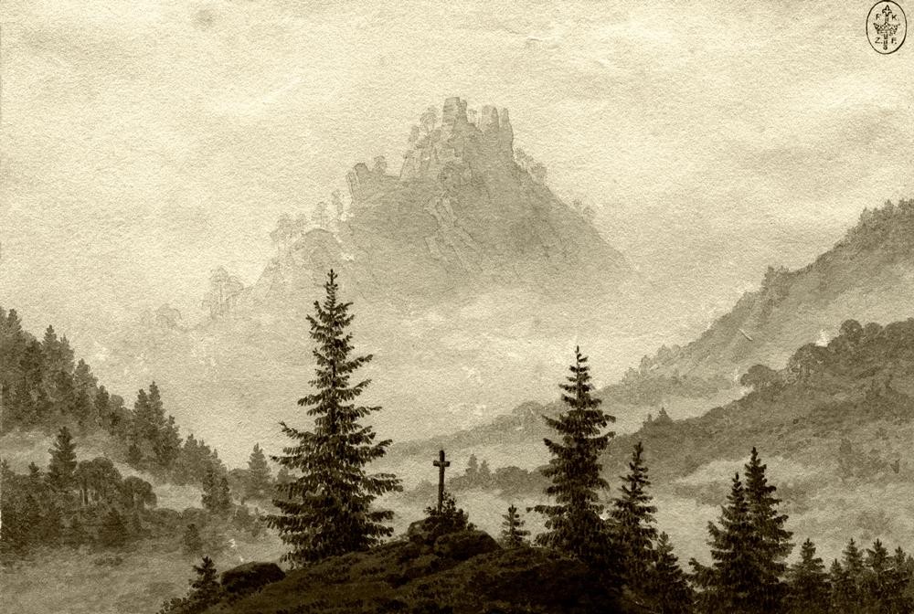 Caspar David Friedrich, Gebirge im Nebel (Deutsche Kunst,Gebirge,Kreuz,Landschaft,Wald,Nadelwald,Romantik)