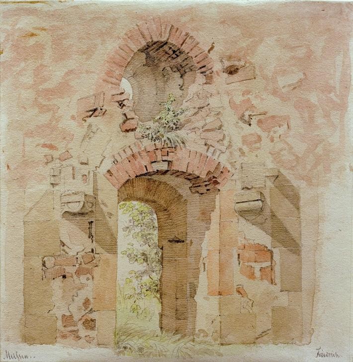 Caspar David Friedrich, Verfallene Mauer in Meißen (Architektur,Deutsche Kunst,Ruine,Tor,Architekturdarstellung,Romantik)