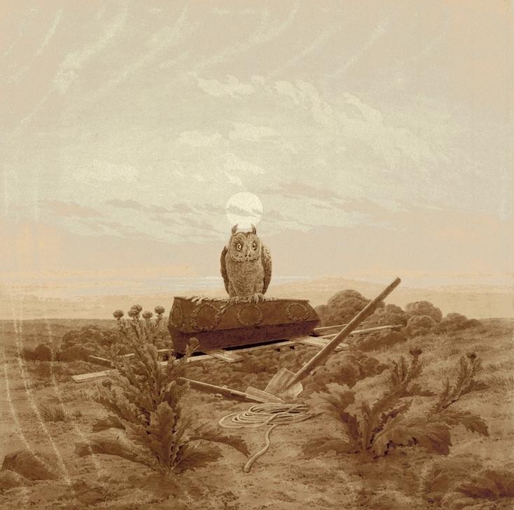 Caspar David Friedrich, Landschaft mit Grab, Sarg und Eule (Begräbnis,Deutsche Kunst,Eule,Grab,Tod,Allegorie,Spaten,Sarg,Romantik,Symbolik)