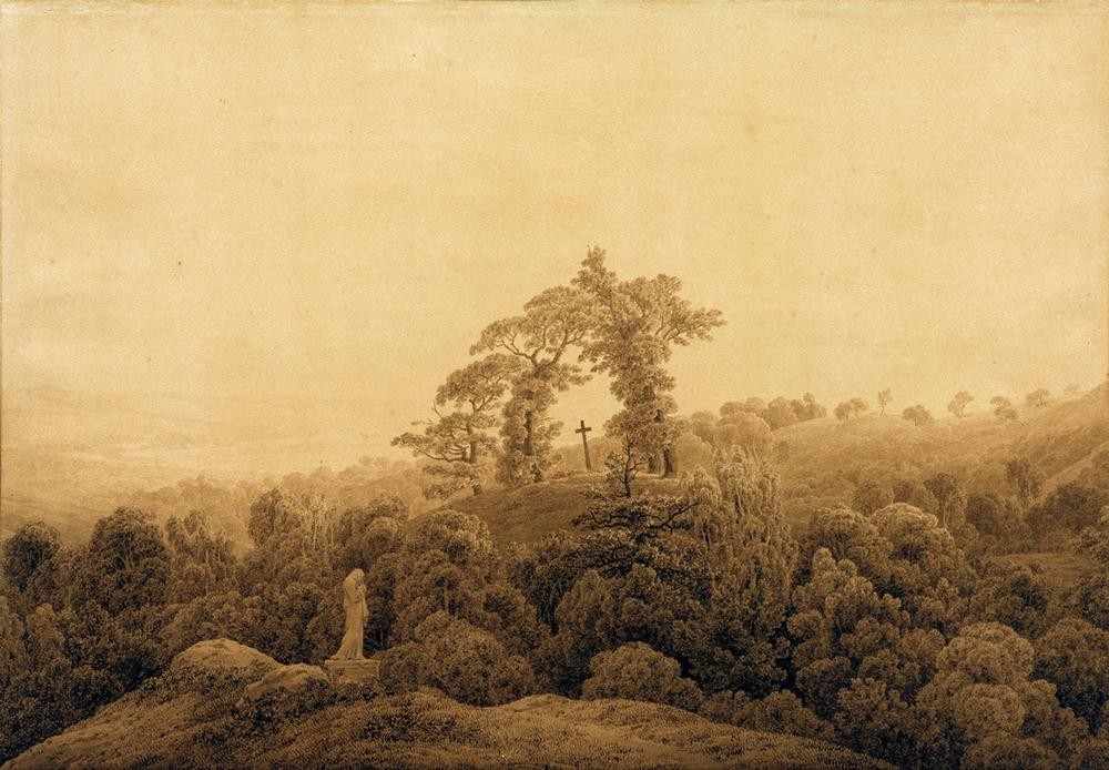 Caspar David Friedrich, Küstenlandschaft mit Kreuz und Statue (Christentum,Deutsche Kunst,Kreuz,Küste,Landschaft,Romantik,Skulptur Im Bild)