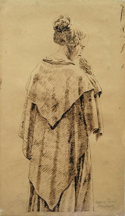 Caspar David Friedrich, Frau im Umschlagtuch (Damenmode,Deutsche Kunst,Frau,Mensch,Mode,Cape,Gewandstudie,Romantik,Signatur)