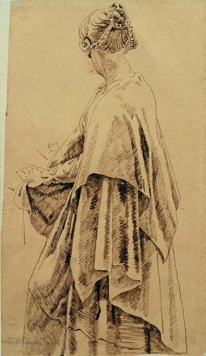 Caspar David Friedrich, Frau im Umschlagtuch (Damenmode,Deutsche Kunst,Frau,Mensch,Mode,Cape,Gewandstudie,Romantik)