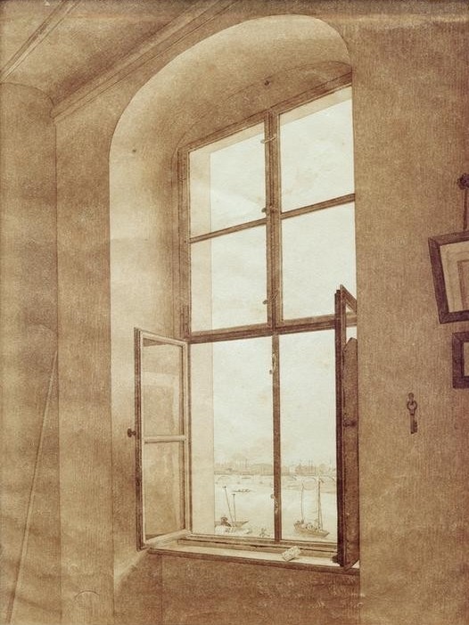 Caspar David Friedrich, Blick aus dem Atelier des Künstlers (linkes Fenster) (Atelier,Architektur,Deutsche Kunst,Fenster,Wohnhaus Von Berühmten,Interieur,Architekturdarstellung,Blick Aus Dem Fenster,Romantik,Fenster (Geöffnet))