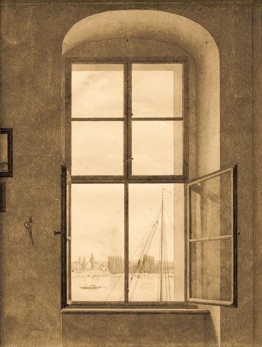 Caspar David Friedrich, Blick aus dem Atelier des Künstlers (rechtes Fenster) (Atelier,Architektur,Deutsche Kunst,Fenster,Wohnhaus Von Berühmten,Interieur,Architekturdarstellung,Blick Aus Dem Fenster,Romantik,Fenster (Geöffnet))