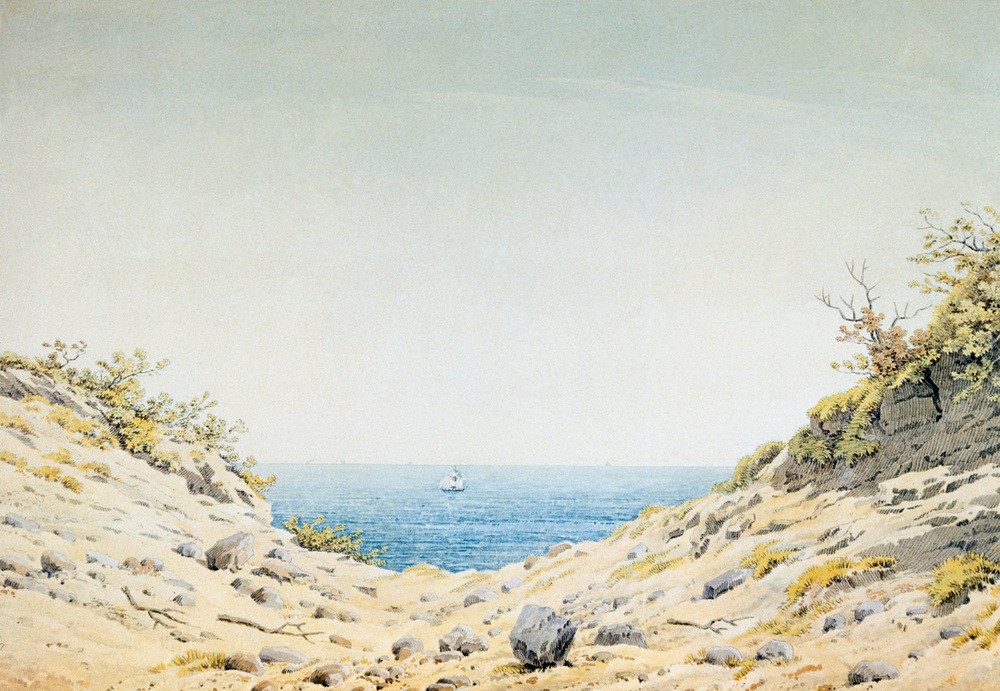 Caspar David Friedrich, Blick durch eine Ufersenkung auf das Meer (Deutsche Kunst,Kunst,Landschaft,Segelschiff,Strand,Meer,Düne,Sand,Romantik,Ausblick)