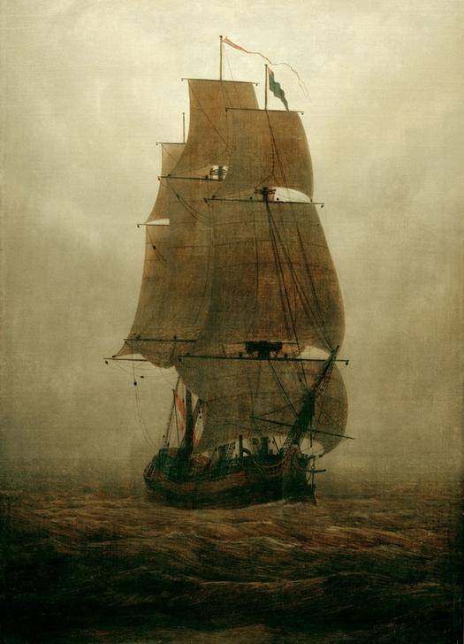 Caspar David Friedrich, Segelschiff im Nebel (Deutsche Kunst,Kunst,Landschaft,Meteorologie,Schiff,Schiffstypen,Segelschiff,Wetter,Meer,Marinemalerei,Nebel,Romantik,Schifffahrt)