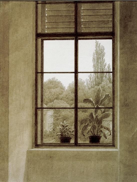 Caspar David Friedrich, Fenster mit Parkpartie (Architektur,Deutsche Kunst,Fenster,Garten Und Park,Park,Topfpflanze,Blick Aus Dem Fenster,Romantik)