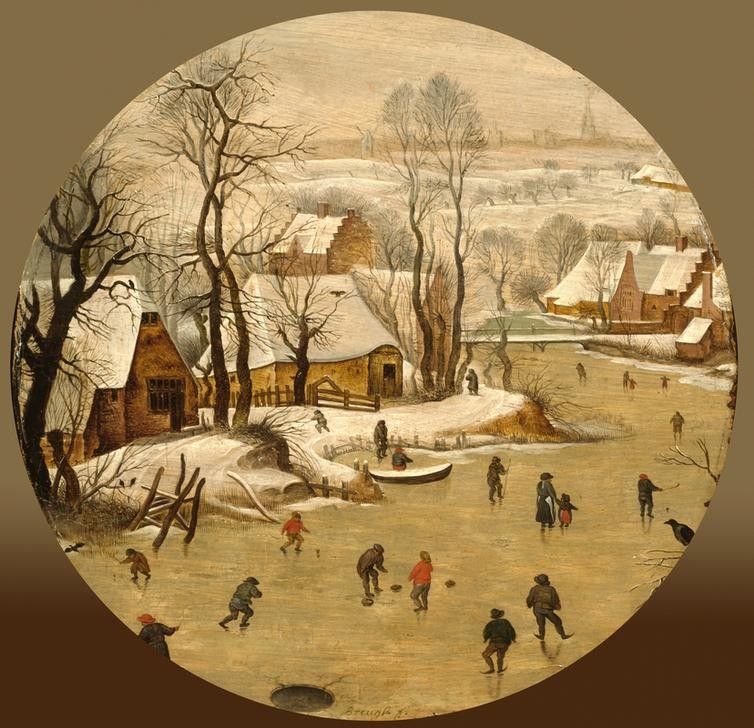 Pieter Brueghel der Jüngere, Winterlandschaft mit Eisläufern (Brücke,Dorf,Eis (Kälte),Eislauf,Eishockey,Eisstockschiessen,Flämische Kunst,Frau,Gewässer,Jahreszeiten,Kind,Kunst,Landschaft,Mann,Sport,Winter,Wintersport,Schnee,Fluss,Tondo,Niederländische Kunst,Loch)