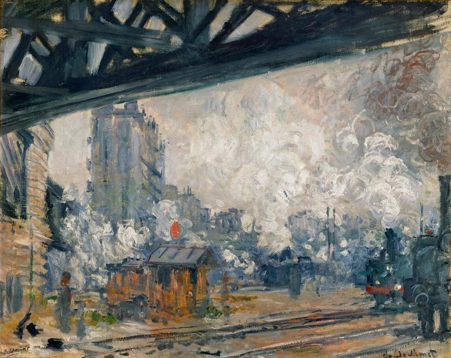 Claude Monet, La Gare Saint-Lazare, vue extérieure (Bahnhof,Brücke,Eisenbahn,Geographie,Industrie,Transport,Verkehr,Impressionismus,Stadtansicht,Französische Kunst,Rauch,Topographie,Dampf)