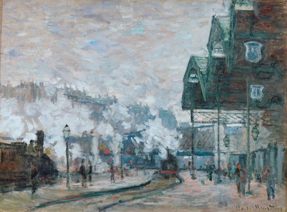 Claude Monet, La Gare Saint-Lazare, vue extérieure (Bahnhof,Brücke,Eisenbahn,Geographie,Industrie,Markthalle,Transport,Verkehr,Impressionismus,Stadtansicht,Französische Kunst,Rauch,Topographie,Train,Dampf)