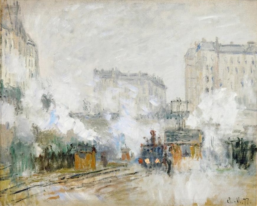 Claude Monet, Extérieur de la Gare Saint-Lazare (Bahnhof,Eisenbahn,Geographie,Industrie,Lokomotive,Transport,Verkehr,Impressionismus,Stadtansicht,Französische Kunst,Rauch,Topographie,Scheinwerfer (Fahrzeug),Dampf)
