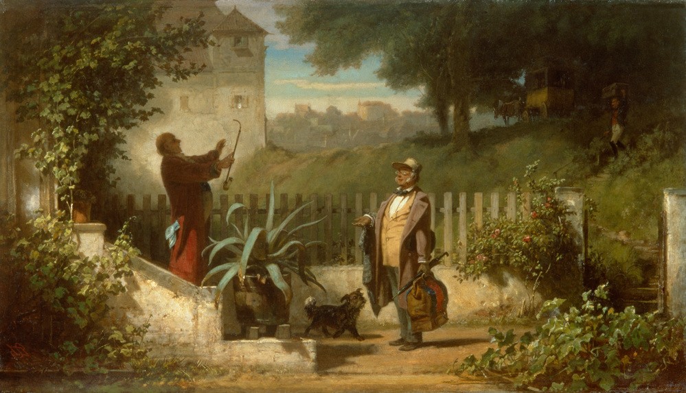 Carl Spitzweg, Besuch auf dem Lande (Besuch,Brille,Deutsche Kunst,Freundschaft (Allgemein),Gesellschaftliches Leben,Postkutsche,Biedermeier,Begrüssung,Hund,Reise,Agave,Gepäck,Überraschung,Landleben,Handgepäck,Stadt Und Land,Romantik,Kübelpflanze)