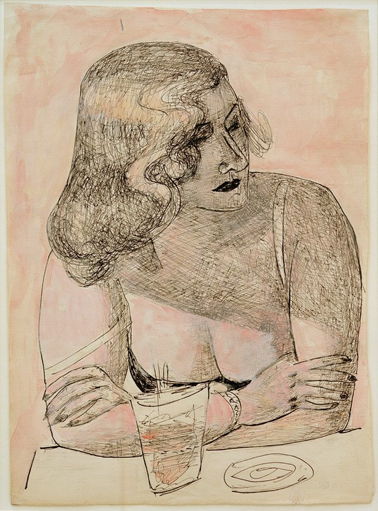 Max Beckmann, Junge Frau mit Glas (Portrait, Frau, Lokal, Bar, Expressionismus, Klassische Moderne, Grafik, Studie, Wohnzimmer, Treppenhaus, Wunschgröße, schwarz/weiß)