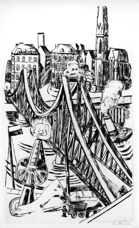 Max Beckmann, Große Brücke (Der Eiserne Steg in Frankfurt am Main) (Orte und Reise, Frankfurt, Städte, Brücke, Eiserner Steg, Expressionismus, Klassische Moderne, Grafik, Studie, Wohnzimmer, Treppenhaus, Wunschgröße, schwarz/weiß)