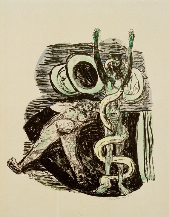 Max Beckmann, untitled (Paar, Adam, Eva, Schlange, REligion, Expressionismus, Klassische Moderne, Grafik, Studie, Wohnzimmer, Treppenhaus, Wunschgröße, schwarz/weiß)