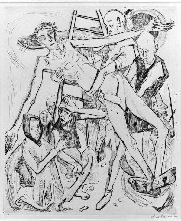 Max Beckmann, untitled (Religion, Neues Testament, Kreuzabnahme, Jesus Christus, Expressionismus, Klassische Moderne, Grafik, Studie, Wohnzimmer, Treppenhaus, Wunschgröße, schwarz/weiß)