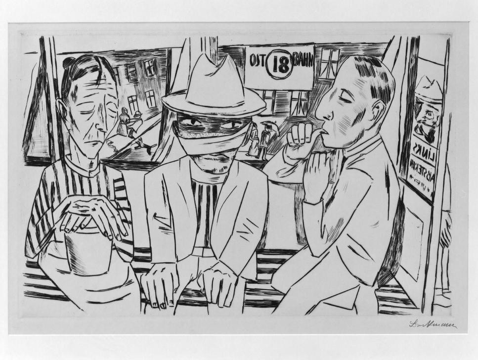 Max Beckmann, In der Trambahn (Reisende, Straßenbahn, Menschen, Expressionismus, Klassische Moderne, Grafik, Studie, Wohnzimmer, Treppenhaus, Wunschgröße, schwarz/weiß)