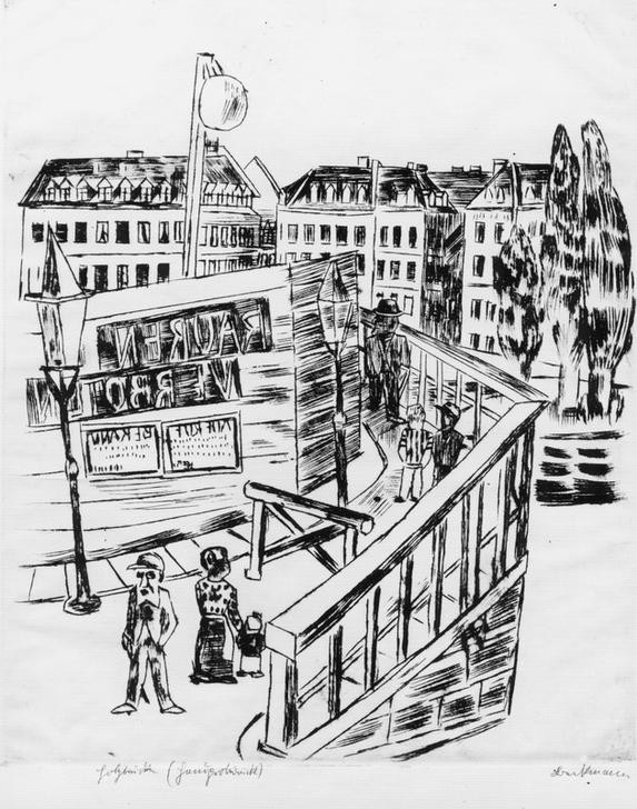 Max Beckmann, Holzbrücke (Orte, Reise, Städte, Expressionismus, Klassische Moderne, Grafik, Studie, Wohnzimmer, Treppenhaus, Wunschgröße, schwarz/weiß)
