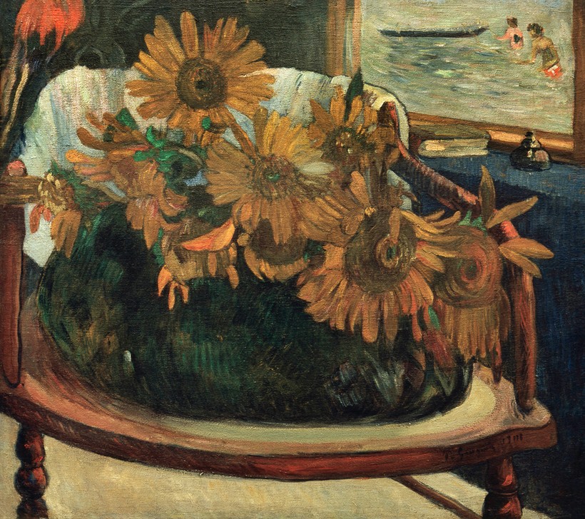 Paul Gauguin, Fleurs de tournesols dans un fauteuil I (Botanik,Kunst,Sonnenblume,Bild Im Bild,Stillleben,Blumenstrauss,Französische Kunst,Sessel,Blume,Synthetismus)